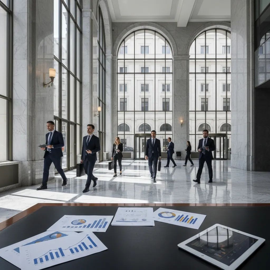 Italian bank executives and board members in modern banking headquarters during governance transition meeting