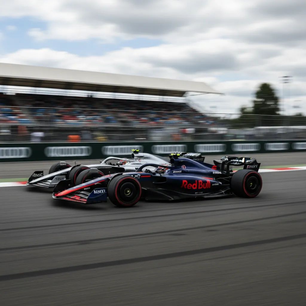 Modern Formula 1 hybrid race car executing high-speed overtaking maneuver on circuit