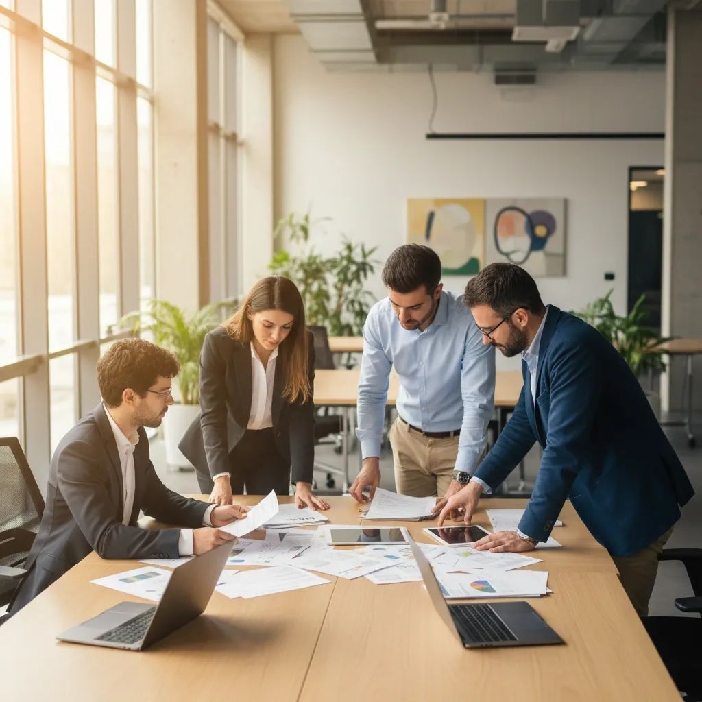 Italian workers reviewing employment contracts in modern office setting with positive workplace atmosphere