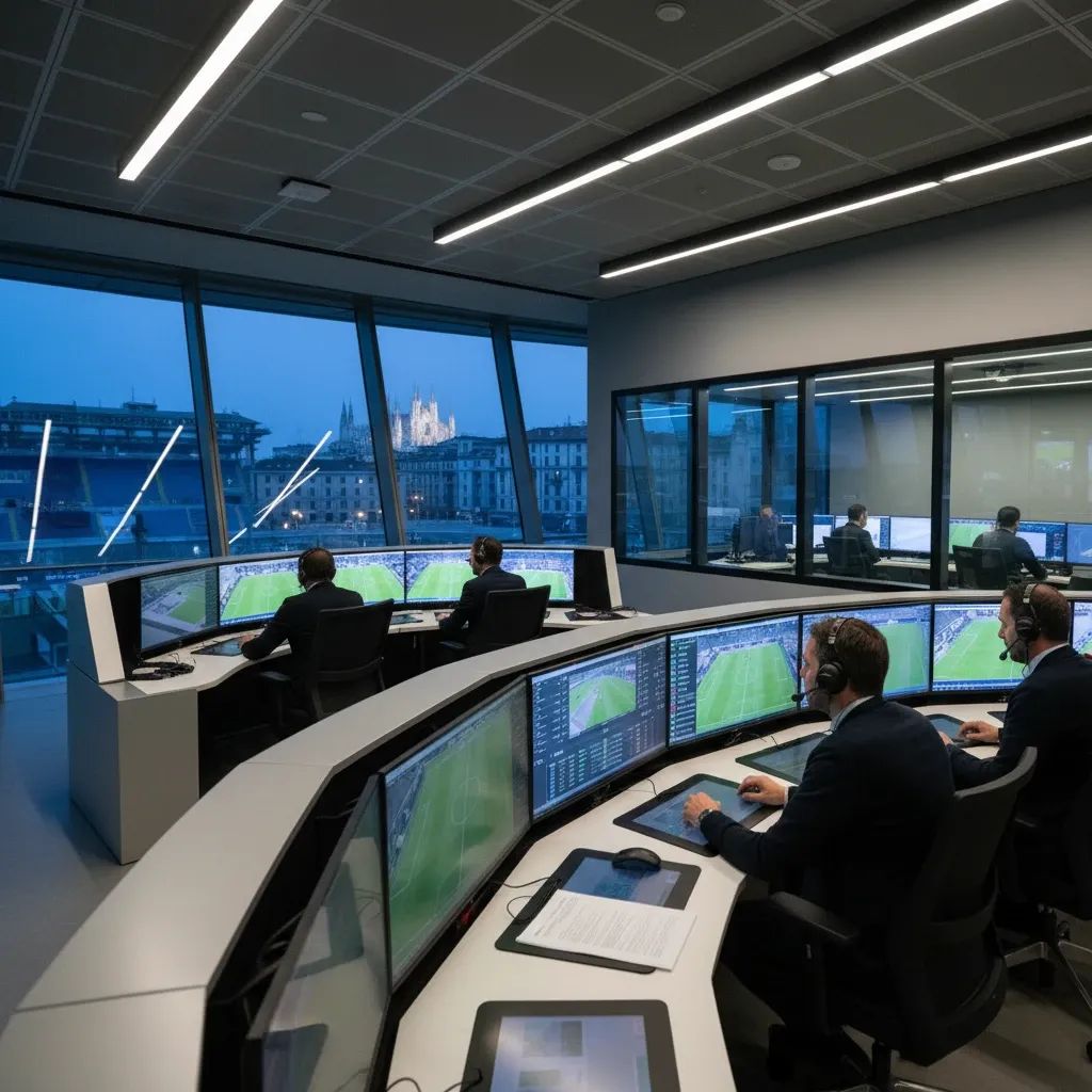 VAR control room monitors in Italian football facility during ongoing referee investigation