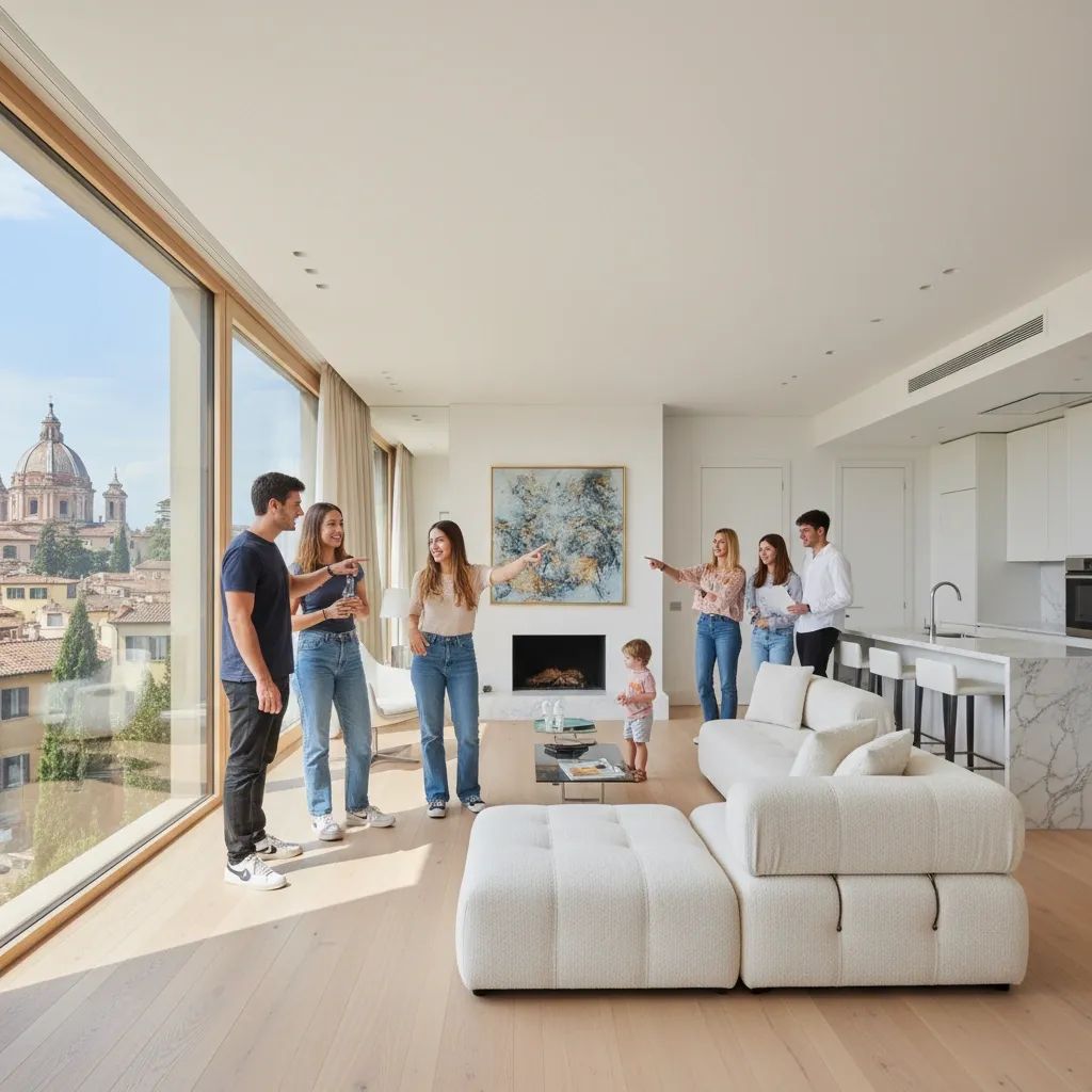 Diverse group of young families and prospective homebuyers viewing a modern apartment interior