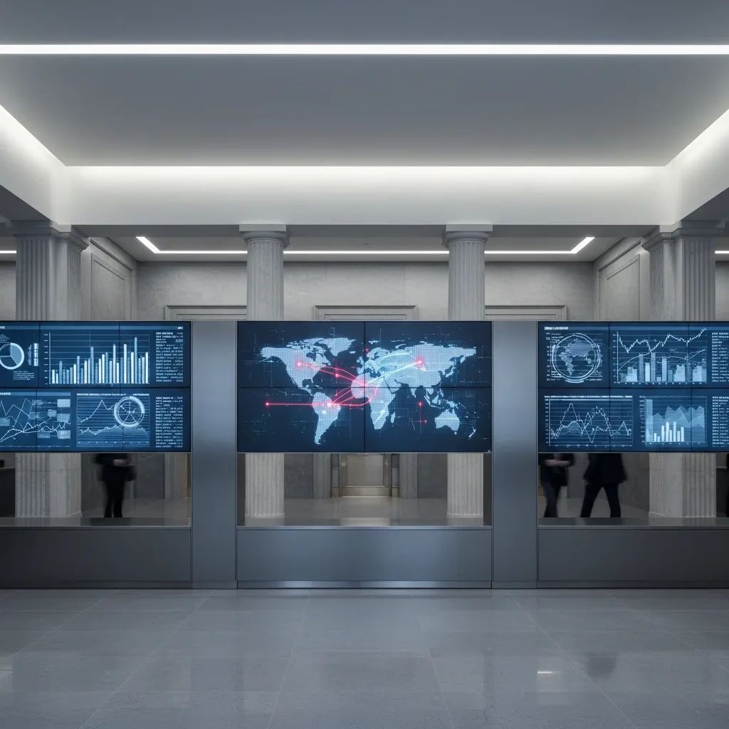 Modern bank interior with financial data displays and world map visualization representing geopolitical financial risks
