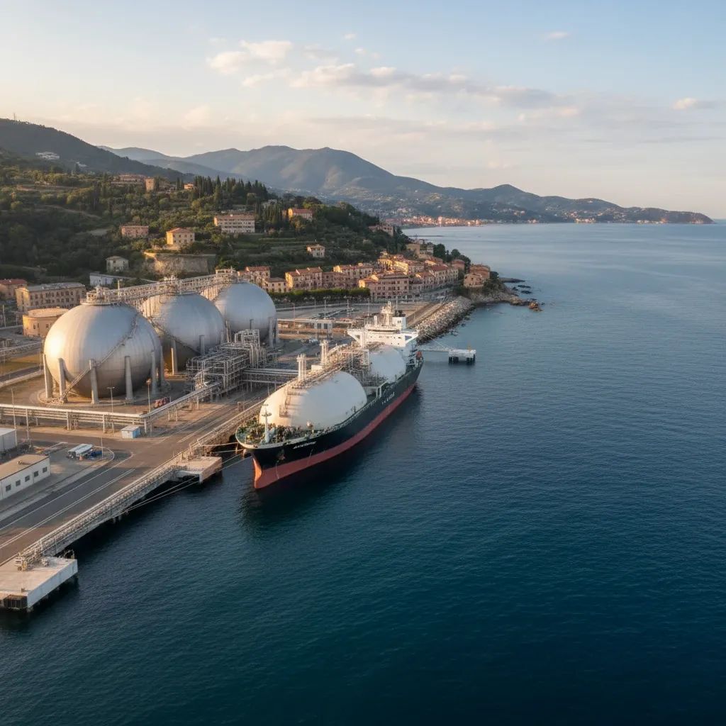 LNG terminal and gas tanker on Italian coast symbolize declining wholesale gas prices