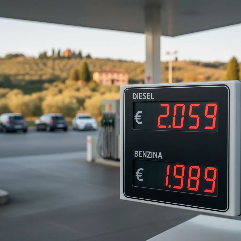 Fuel pump display showing elevated diesel prices exceeding €2.00 per liter at Italian gas station