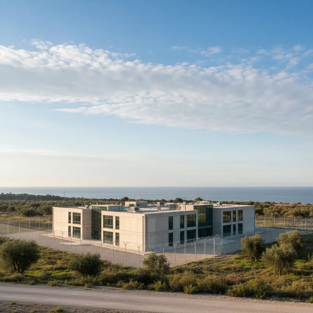 Exterior view of modern institutional detention facility building with Mediterranean landscape backdrop
