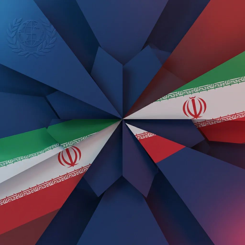 Abstract diplomatic tension illustration with Italian and Iranian symbolic elements representing military designation conflict