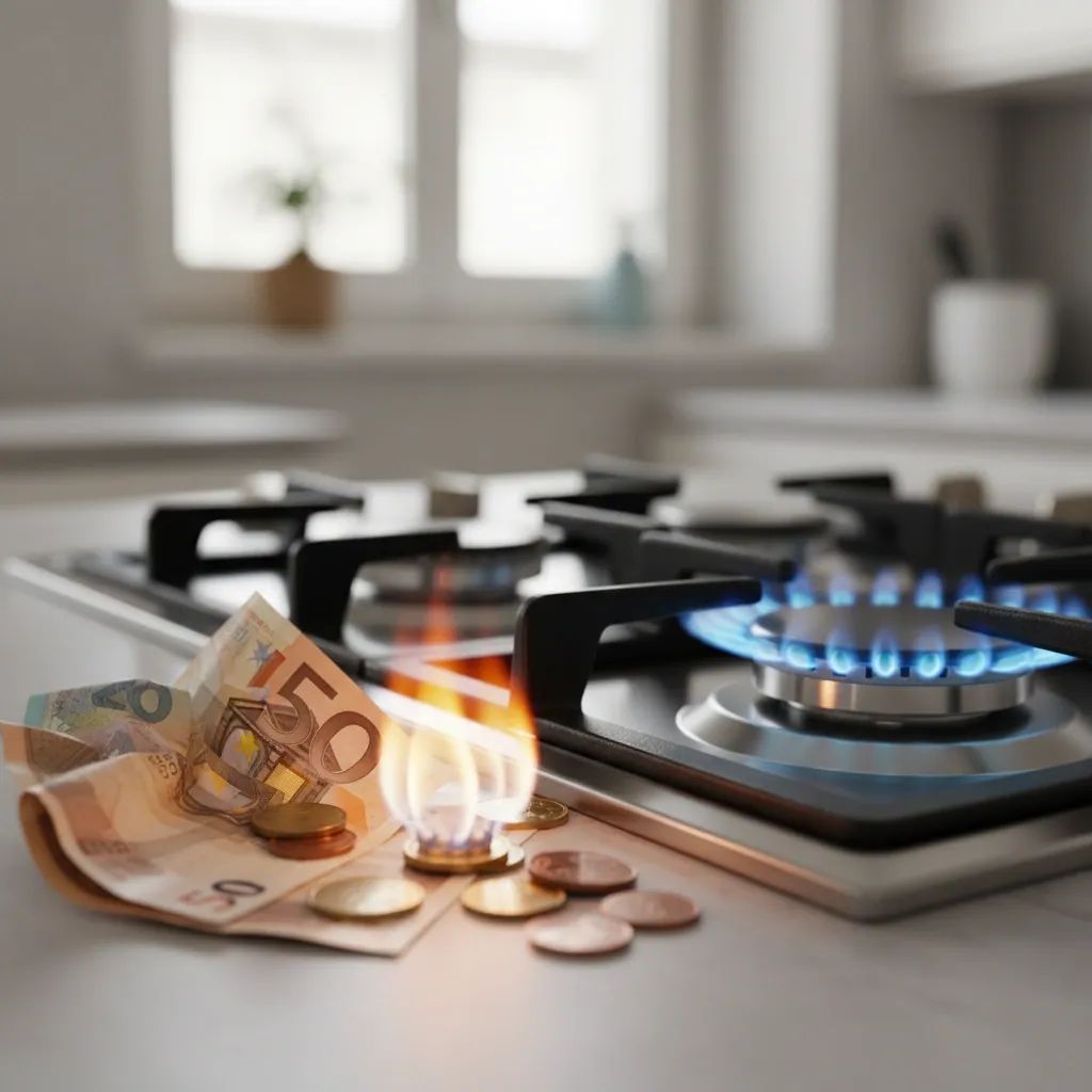 Euro banknotes by a blue gas stove flame representing lower gas costs for Italians