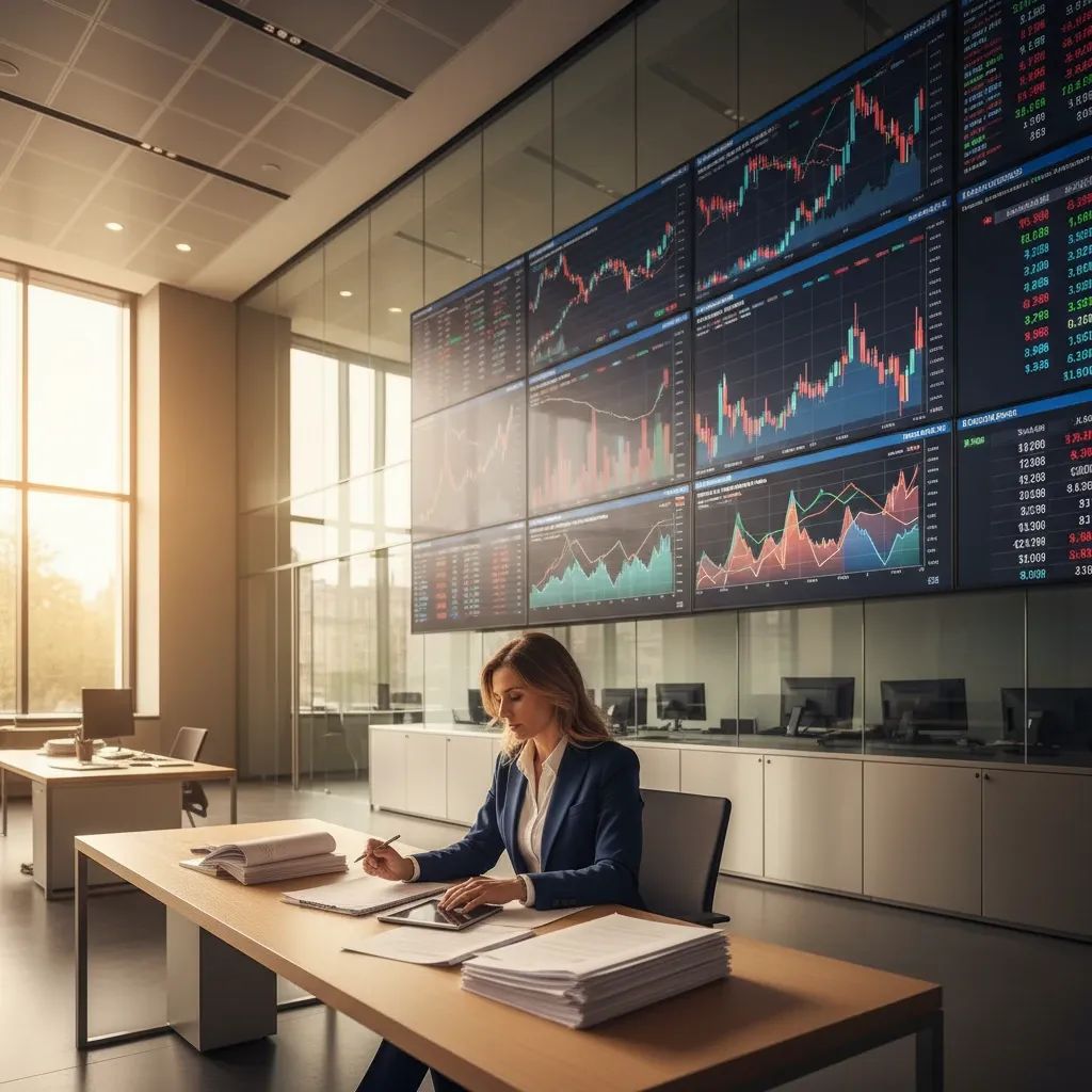 Financial professional in modern office with market data and regulatory documents at desk