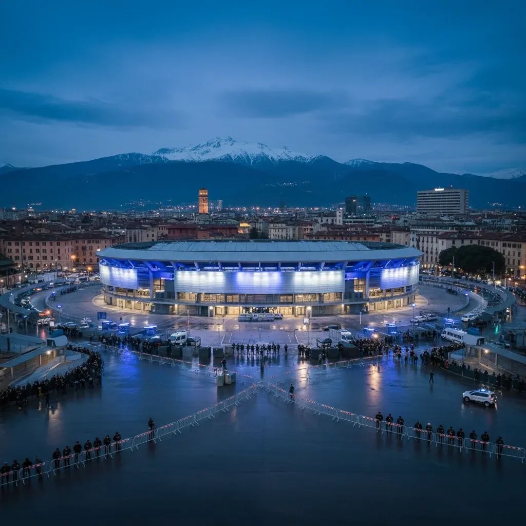 Verona Arena at night with enhanced security barriers and personnel for Paralympic Games opening