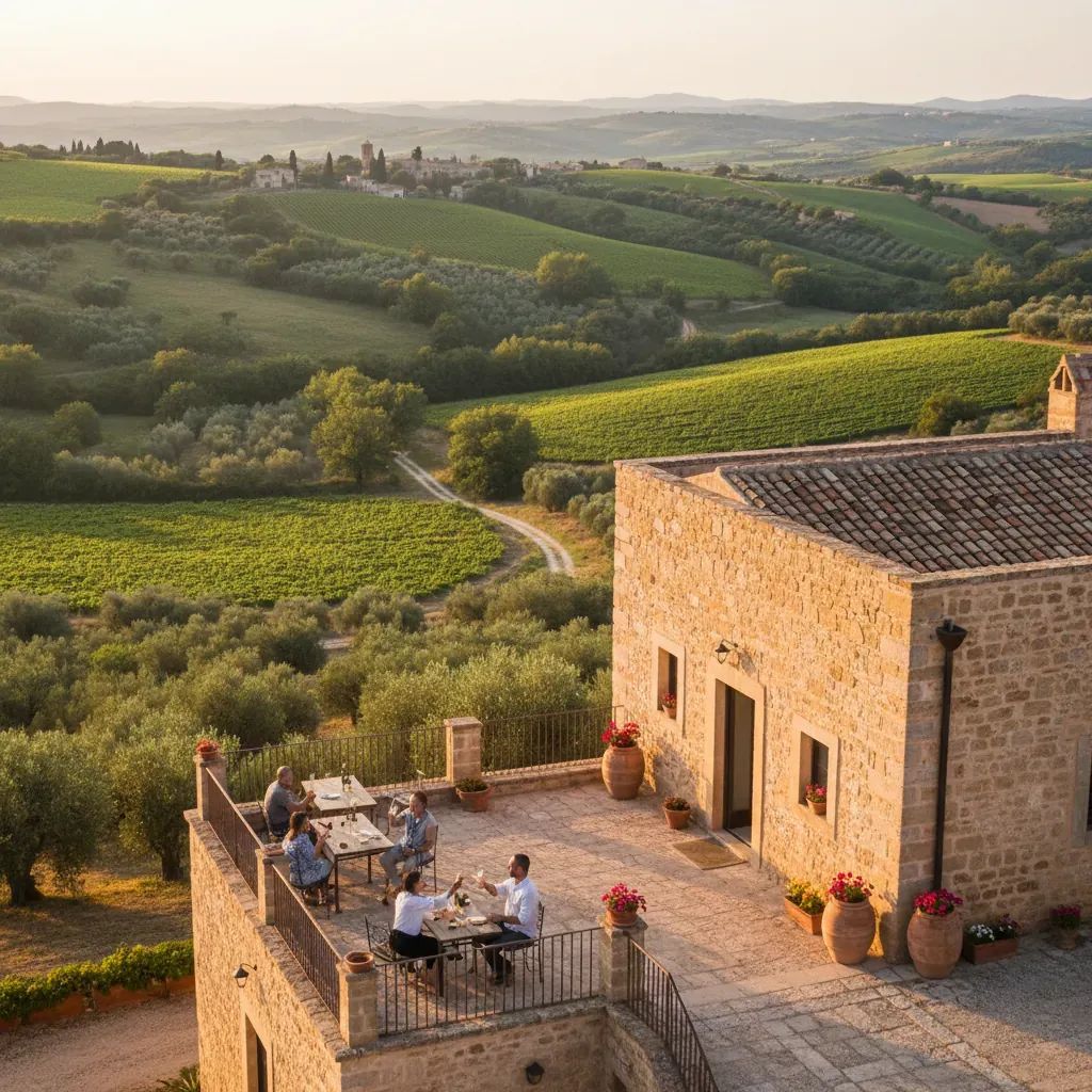 Rustic Italian farmhouse surrounded by vineyards and olive groves with visitors on outdoor terrace overlooking countryside