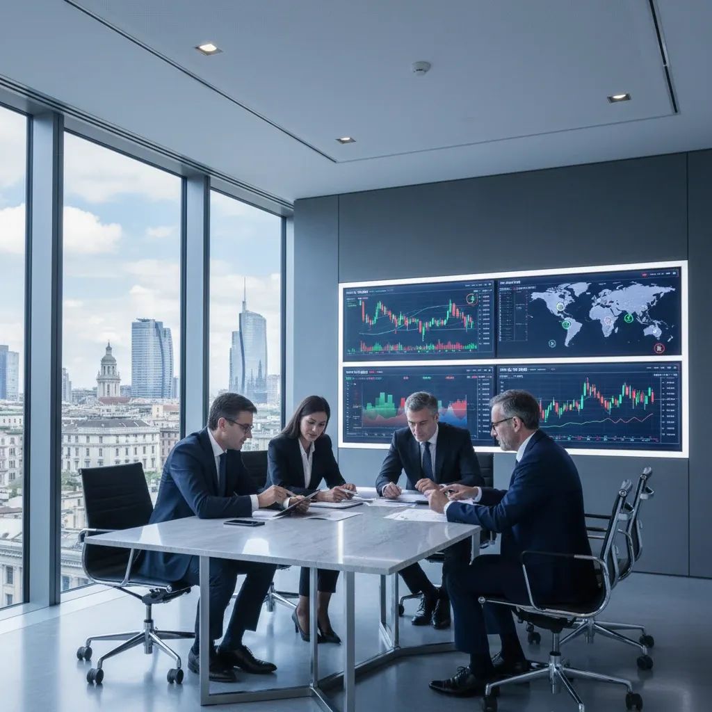 Professionals in modern banking office reviewing merger documents with financial data displays in background