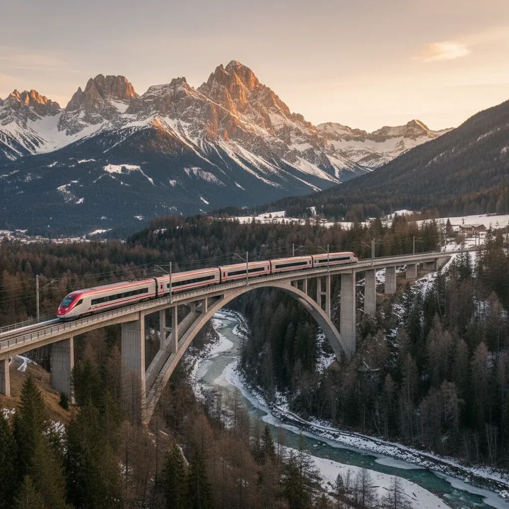Italian high-speed train on a viaduct with Dolomite peaks behind, symbolising upgrades for the 2026 Olympics