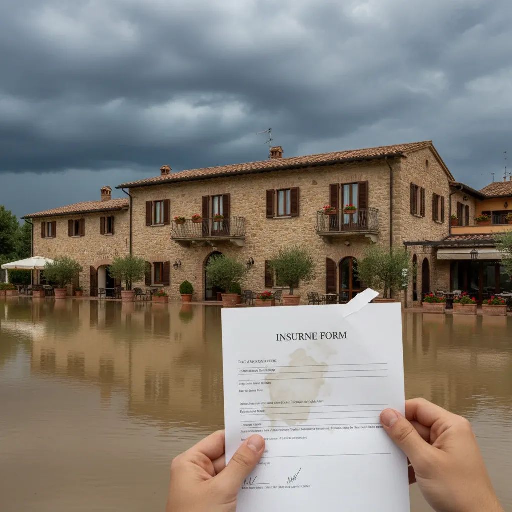 Hotel and restaurant building with storm clouds, representing Italy's mandatory disaster insurance requirement