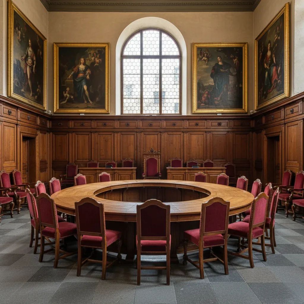 Interior of Italian municipal council chamber showing formal governmental setting in Alpine region