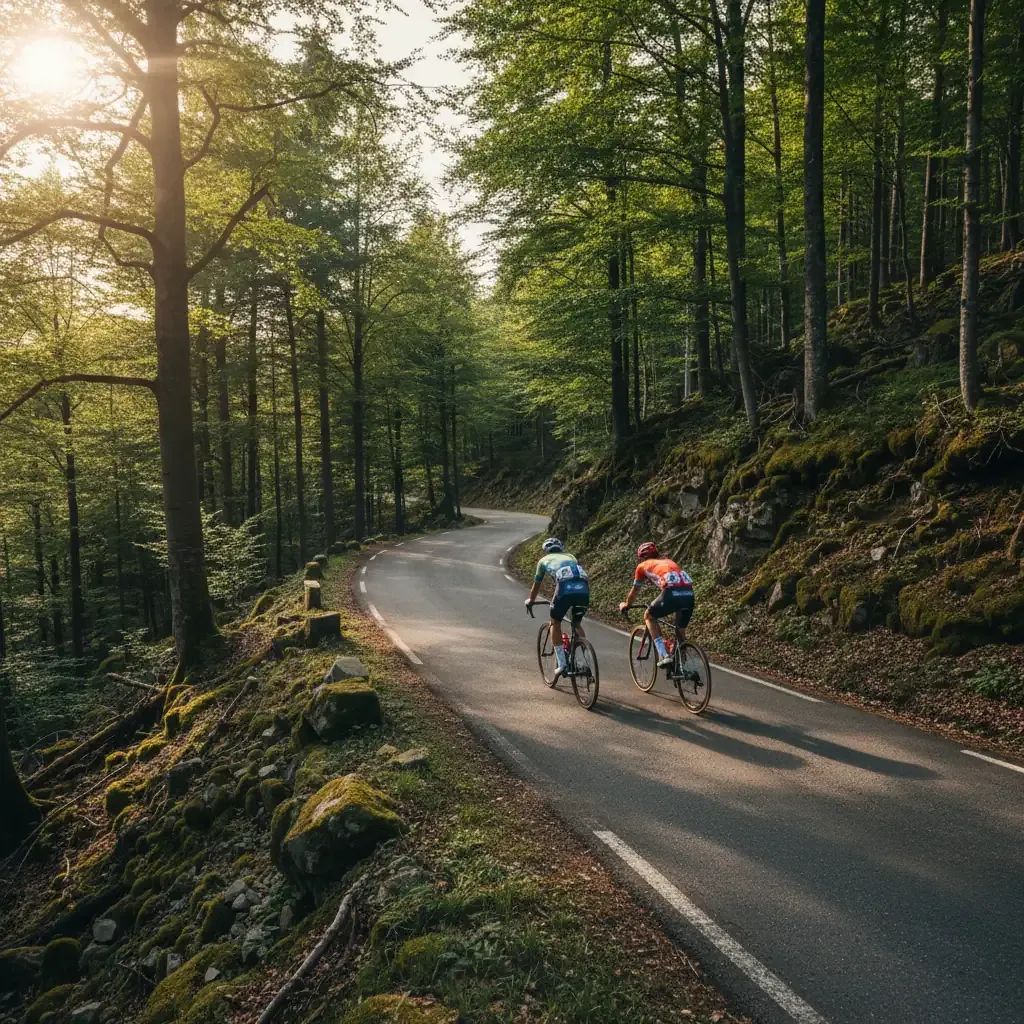Professional cyclists competing on challenging mountain climb during Liegi-Bastogne-Liegi race in Belgium