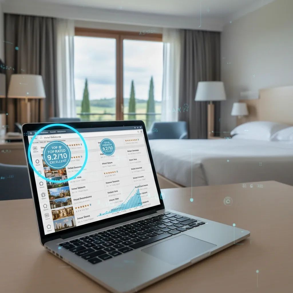 Hotel booking search results displayed on laptop screen with premium partner badges and ratings