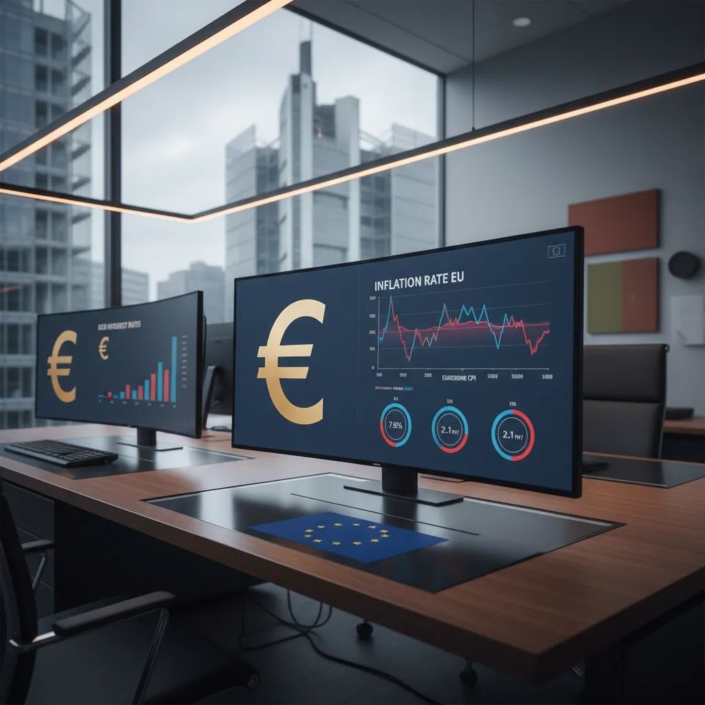 Financial market data display with ECB building backdrop, representing monetary policy decisions affecting Italy