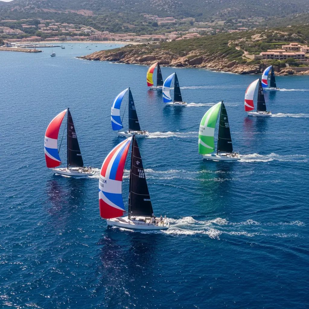 Racing sailboats competing on Mediterranean waters off Sardinian coast during elite sailing championship