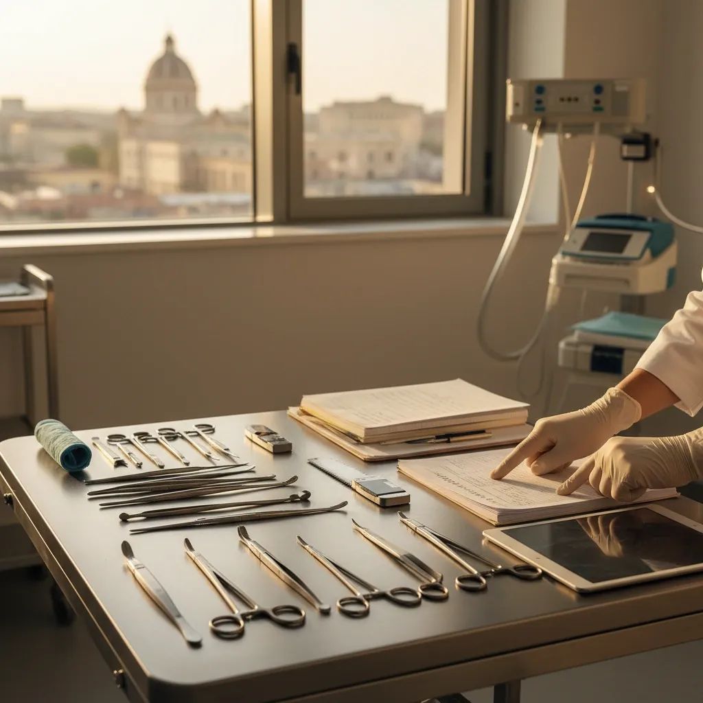 Medical investigation documentation and surgical instruments during transplant case review in Italian hospital