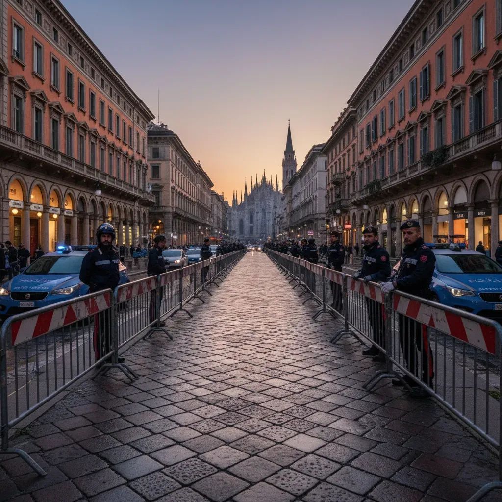 Milan street with police barriers and law enforcement presence during politically sensitive event