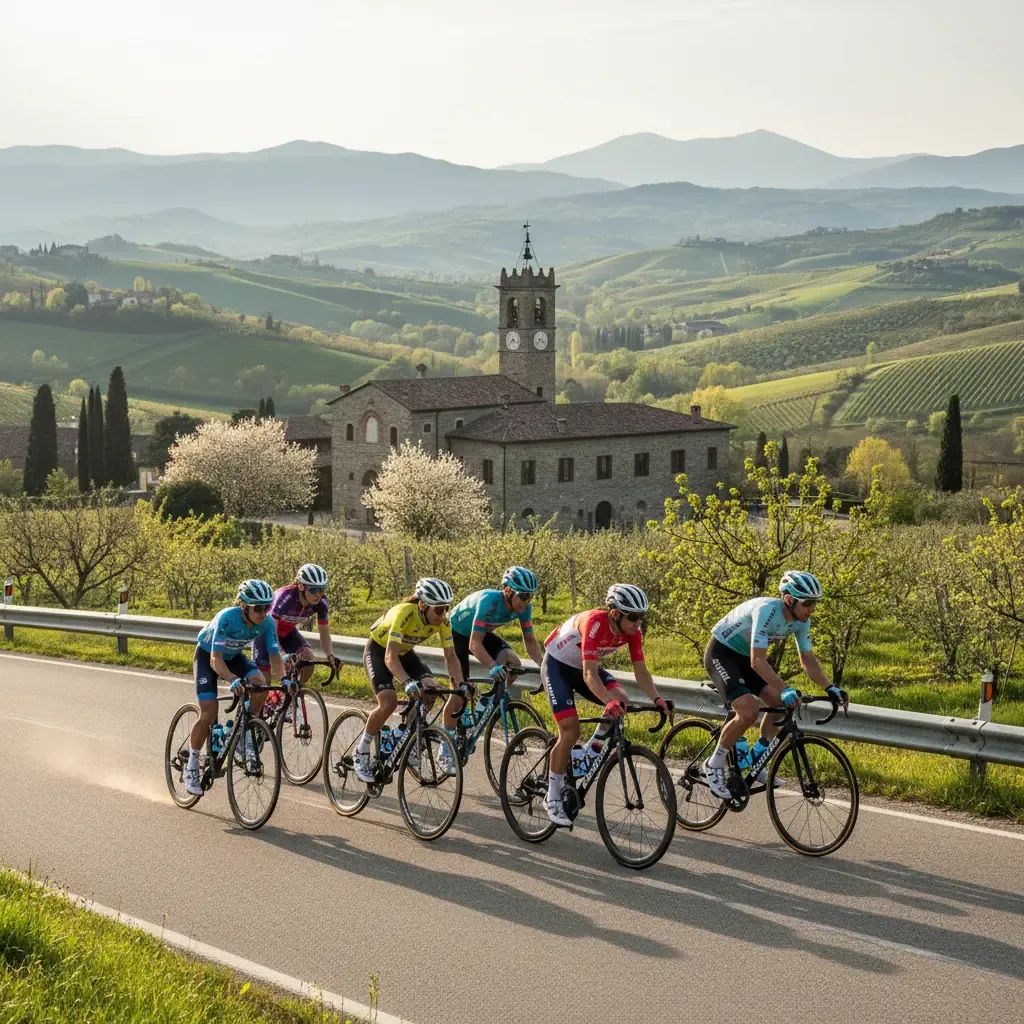 Professional cyclists racing on Italian mountain roads with historic cycling heritage building visible