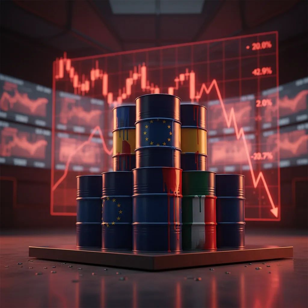 Stock market decline visualization with energy crisis symbols and EU flags representing financial turbulence