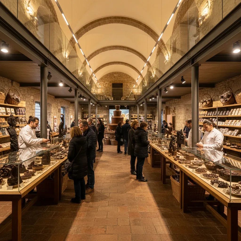 Visitors browse chocolate exhibits inside Perugia’s renovated market hall, now the City of Chocolate