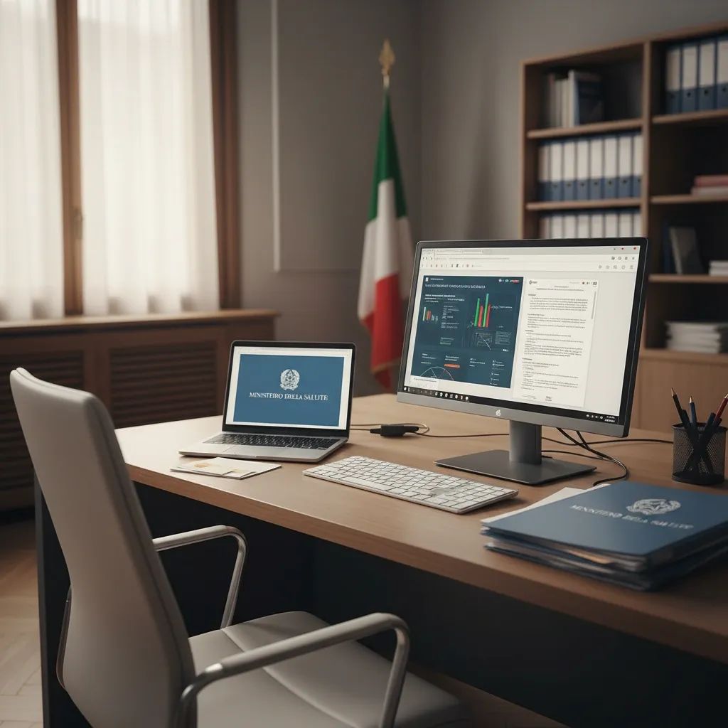 Modern Italian government office showing digital administrative workspace with disability assessment documentation