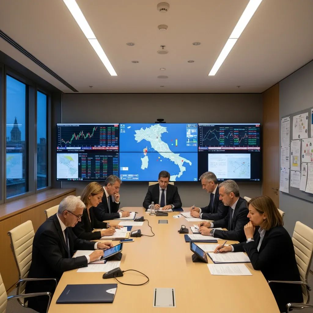 Italian government officials in emergency meeting reviewing crisis response protocols