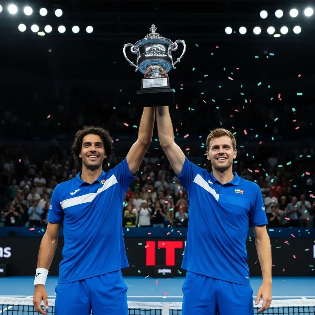 Two Italian tennis players in blue celebrate with doubles trophy on an indoor hard court after Rotterdam win