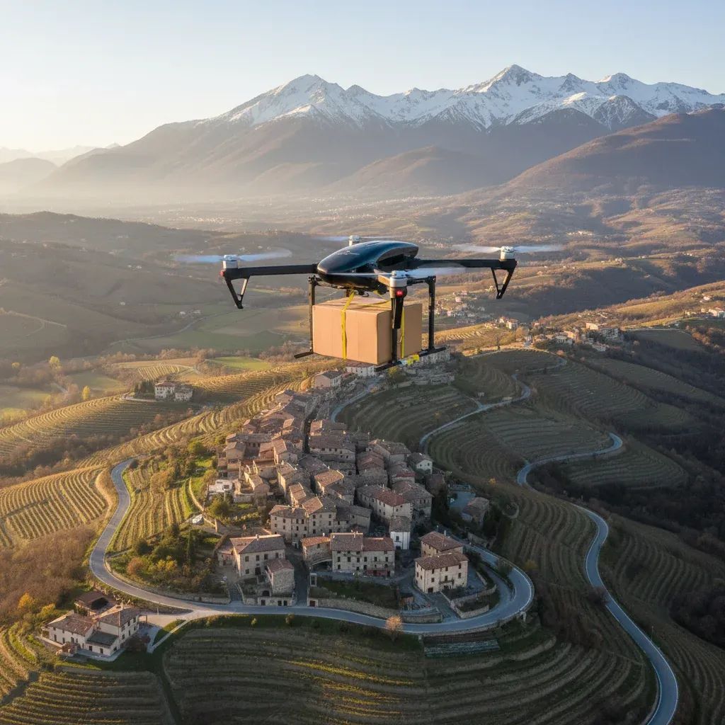 Cargo drone delivering package over mountainous Italian village landscape