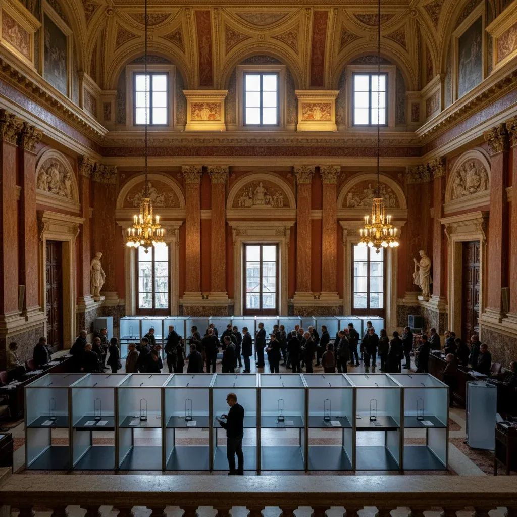 Italian Parliament chamber with voting booths representing 2027 electoral reform and voter participation