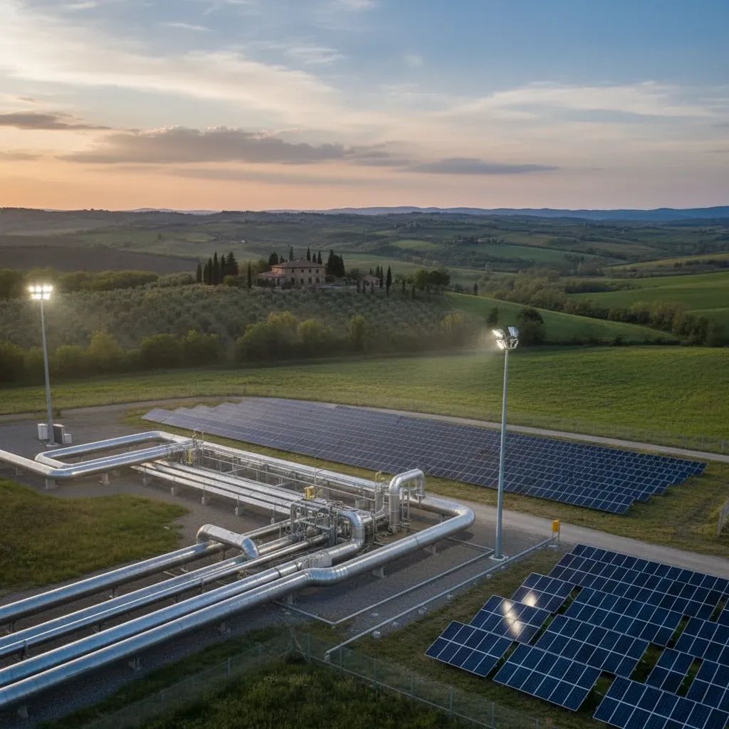 Energy infrastructure in Italy combining natural gas pipelines and solar panels, representing the transition between fossil fuels and renewables