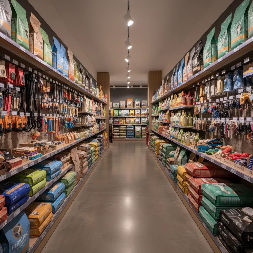 Aisles of premium dog and cat food inside an Italian pet shop highlighting booming pet spending