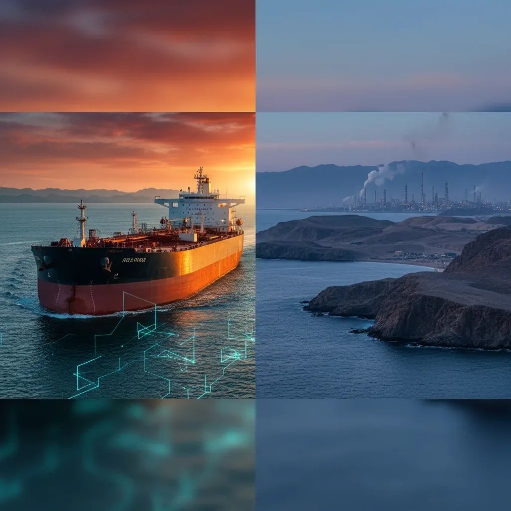 Oil tanker crossing strategic Strait of Hormuz waterway with Middle East coastline