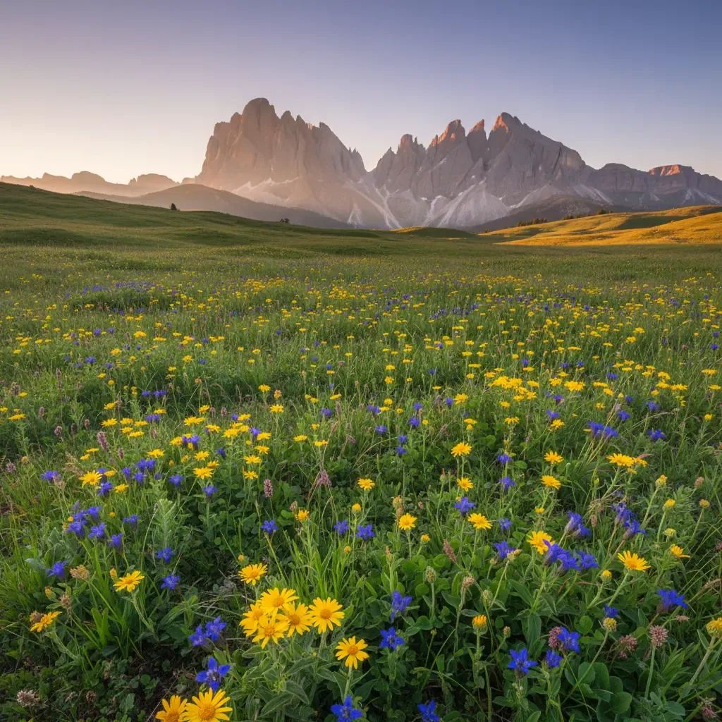 Alpine meadow with blooming medicinal herbs in Italian mountains
