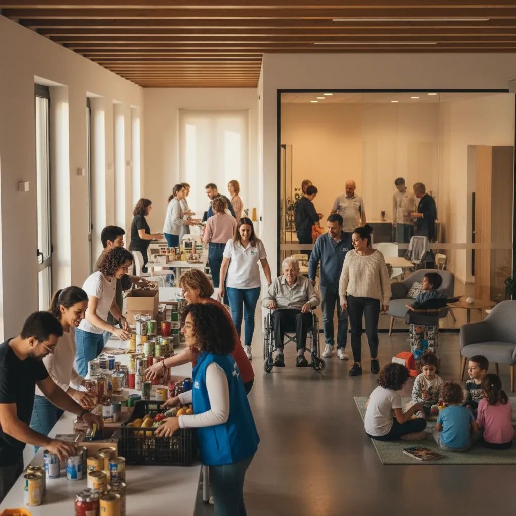 Diverse volunteers and professionals working together in Italian community center providing social assistance