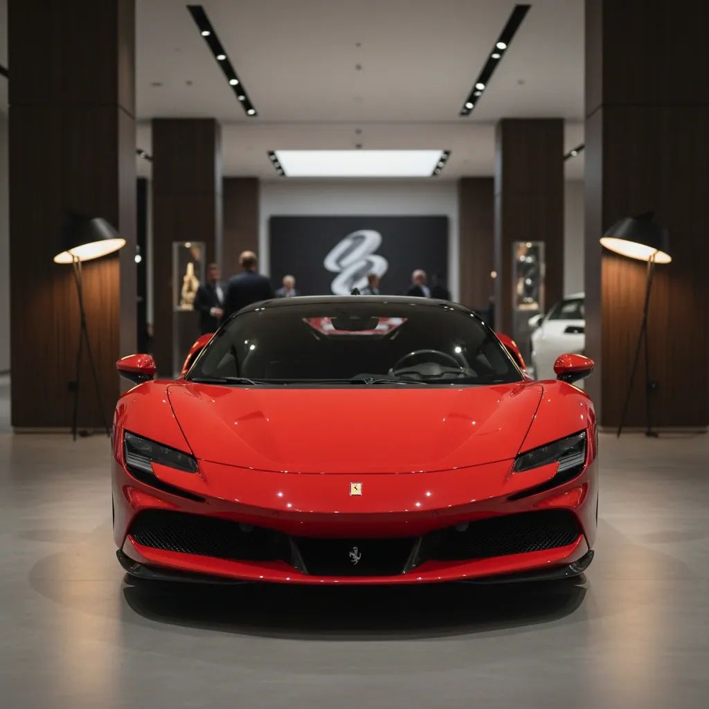 Premium Ferrari sports car displayed in luxury showroom setting