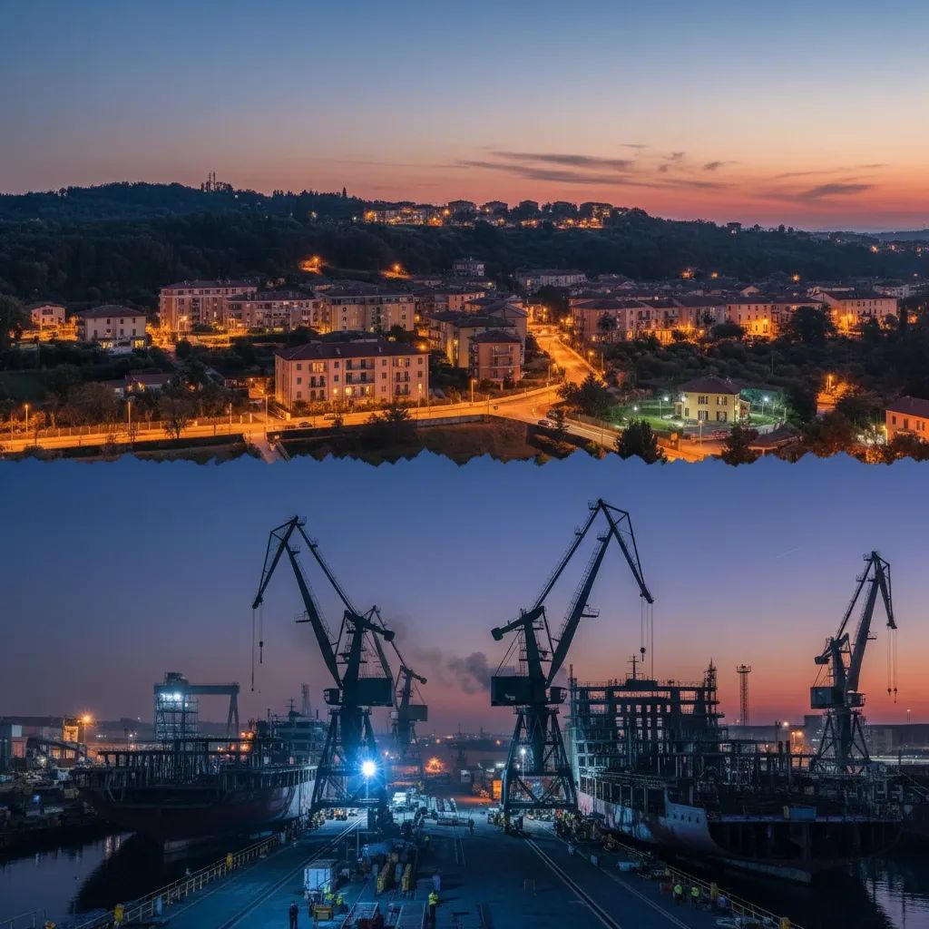Shipyard with construction cranes and nearby residential area representing industrial-residential conflict in Monfalcone