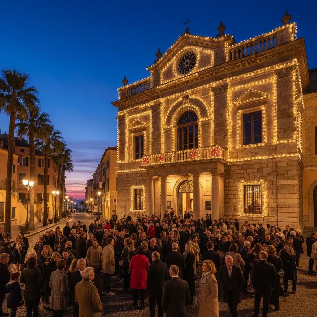 Crowds gather outside an illuminated coastal theater in Sanremo on festival night