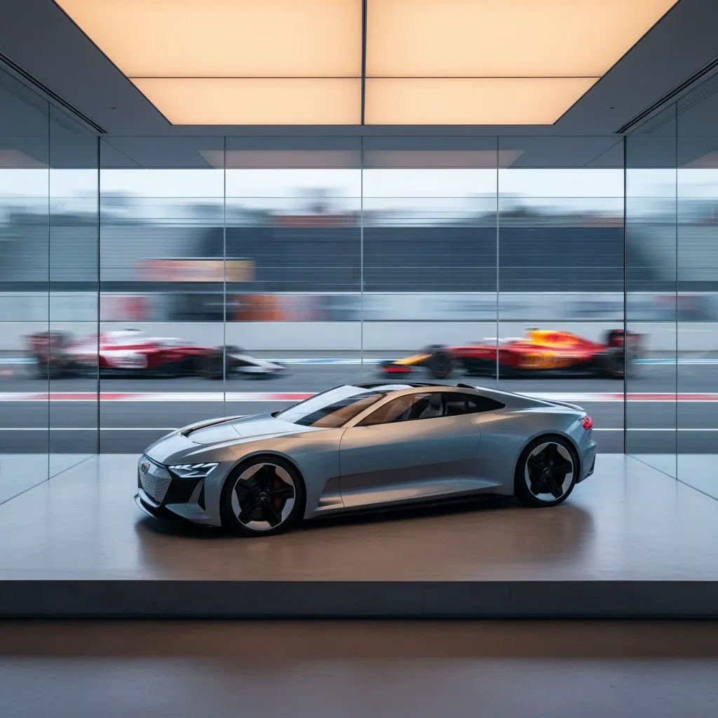 Sleek Audi electric roadster on display at motorsport venue with racing circuit in background
