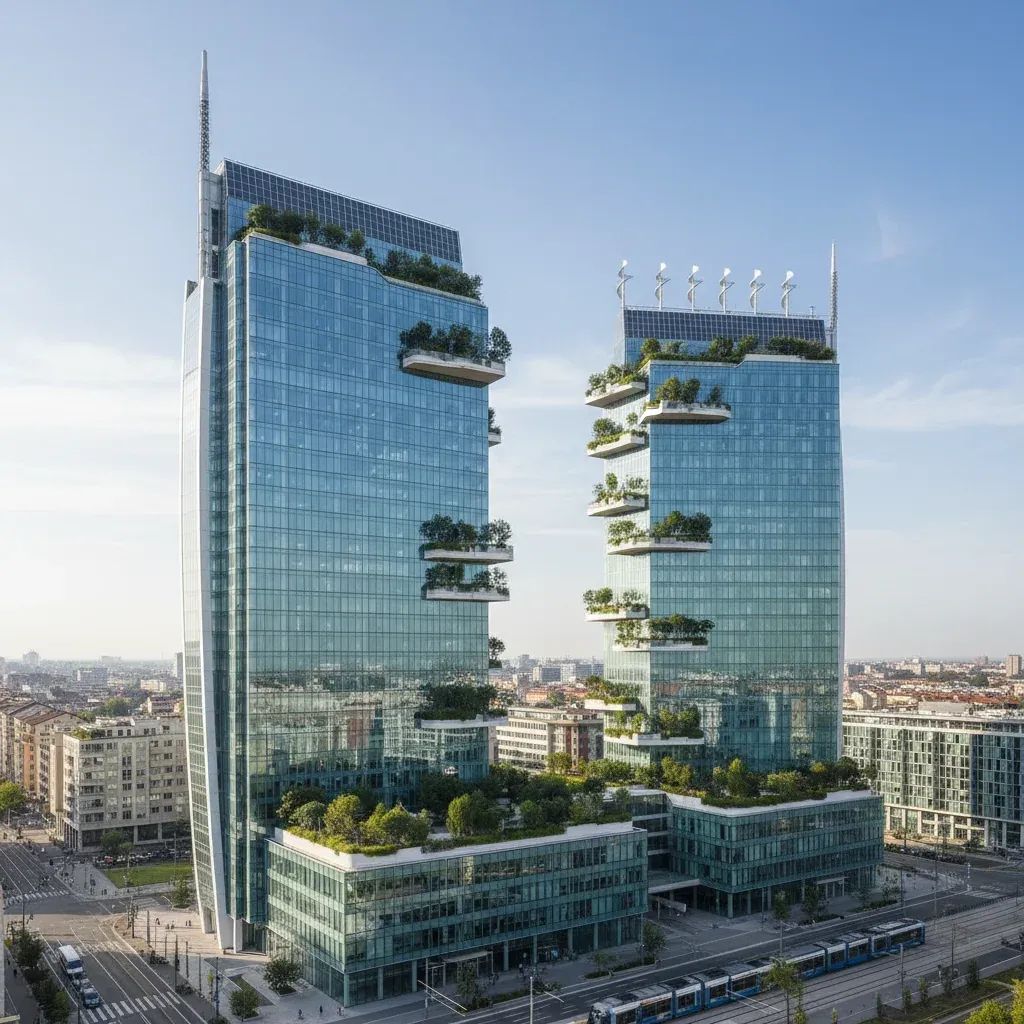Modern Milan office towers with solar panels representing green renovation and sustainable corporate real estate