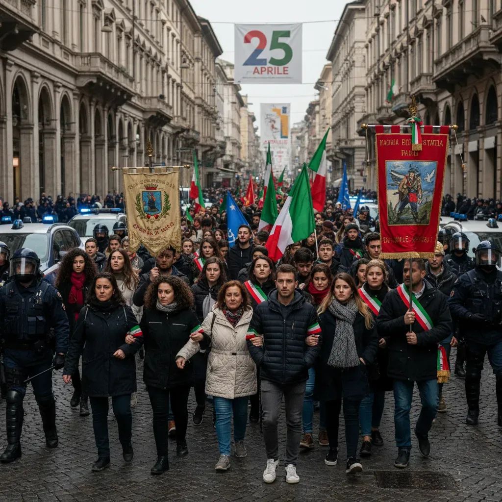 Tense scene from Milan Liberation Day parade showing police presence and marching groups