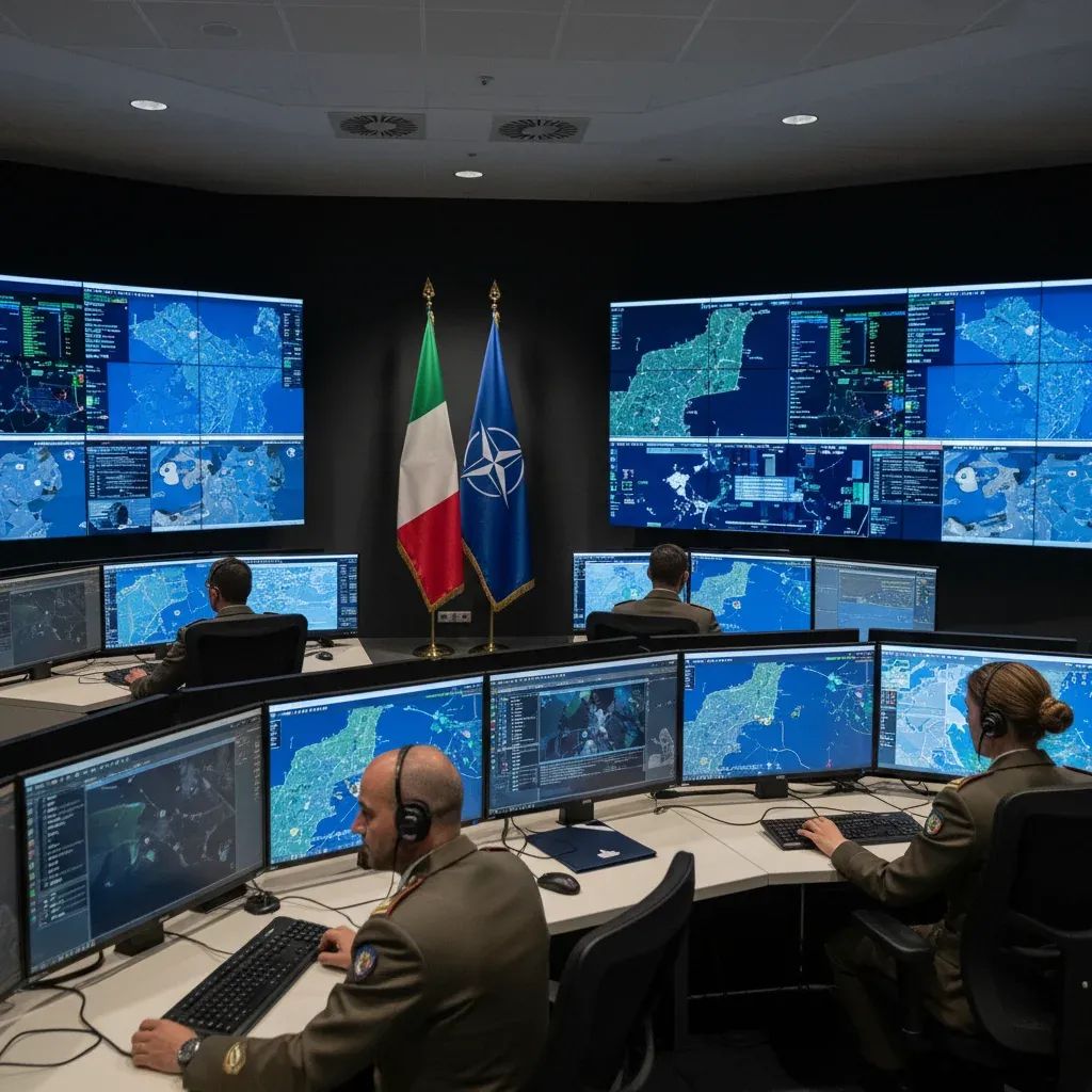 Modern military command center with screens and strategic maps during crisis operations