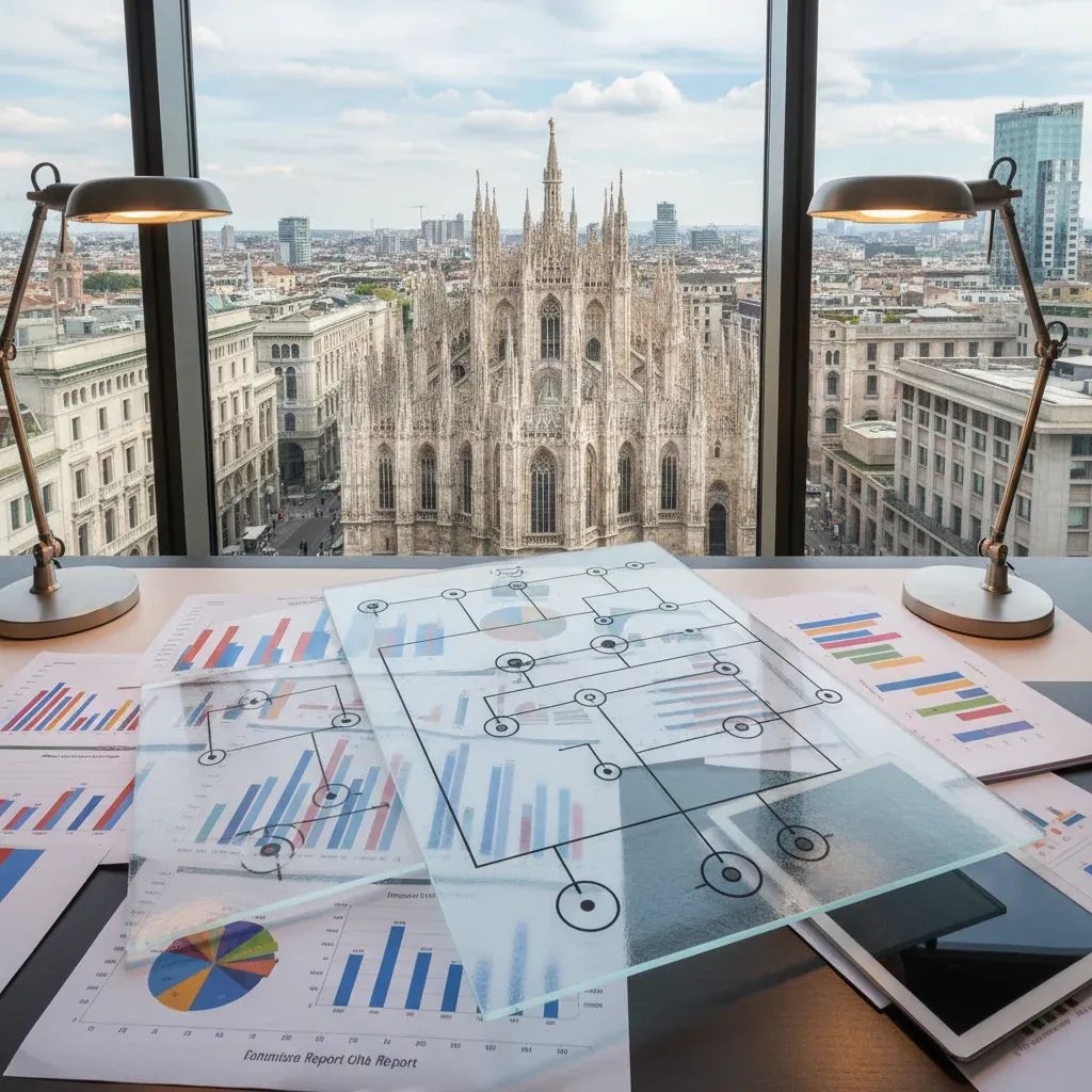 Financial documents and charts related to complex business ownership structures and Italian football governance investigations