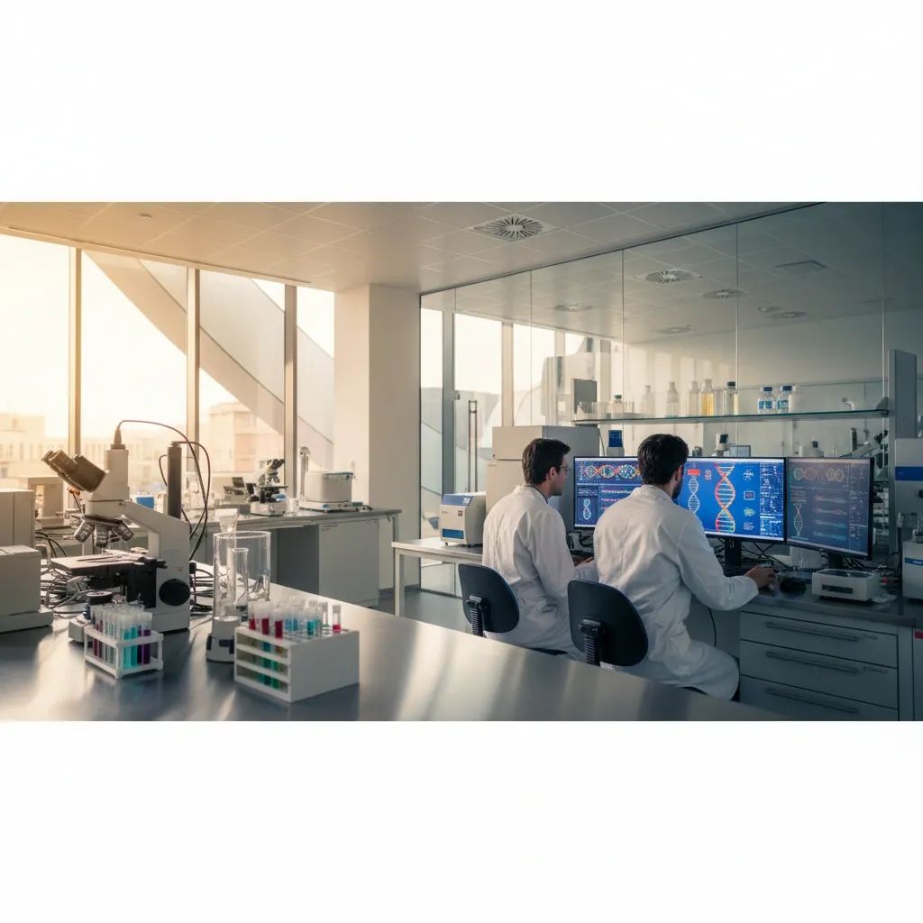 Genetics research laboratory with scientists examining DNA data on computer displays