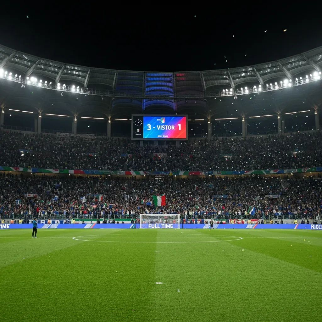 European football stadium with night lighting and scoreboard showing match results