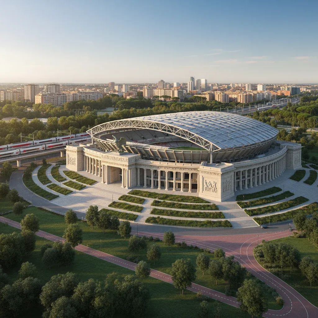 Architectural rendering of Roma's new stadium in Pietralata with surrounding urban development and green spaces