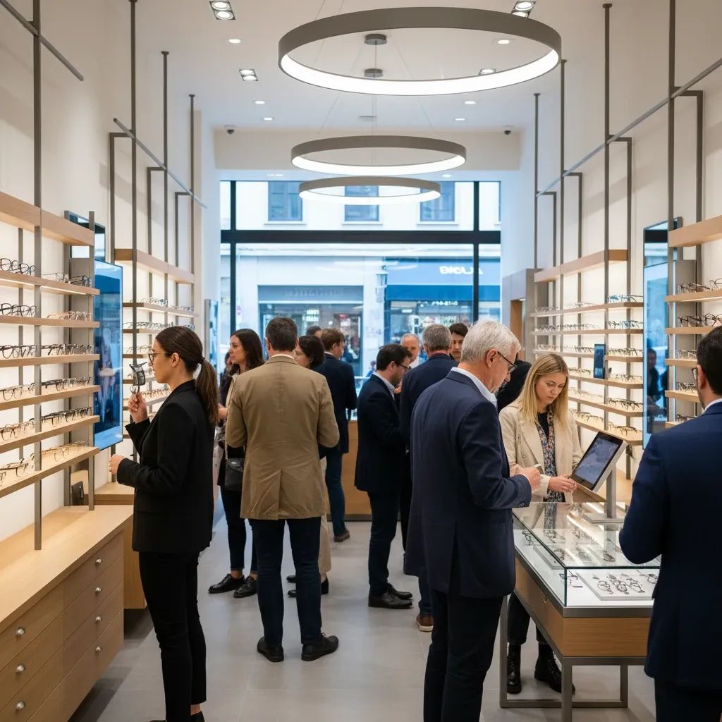 Modern eyewear retail store interior with customers selecting glasses in contemporary Italian setting