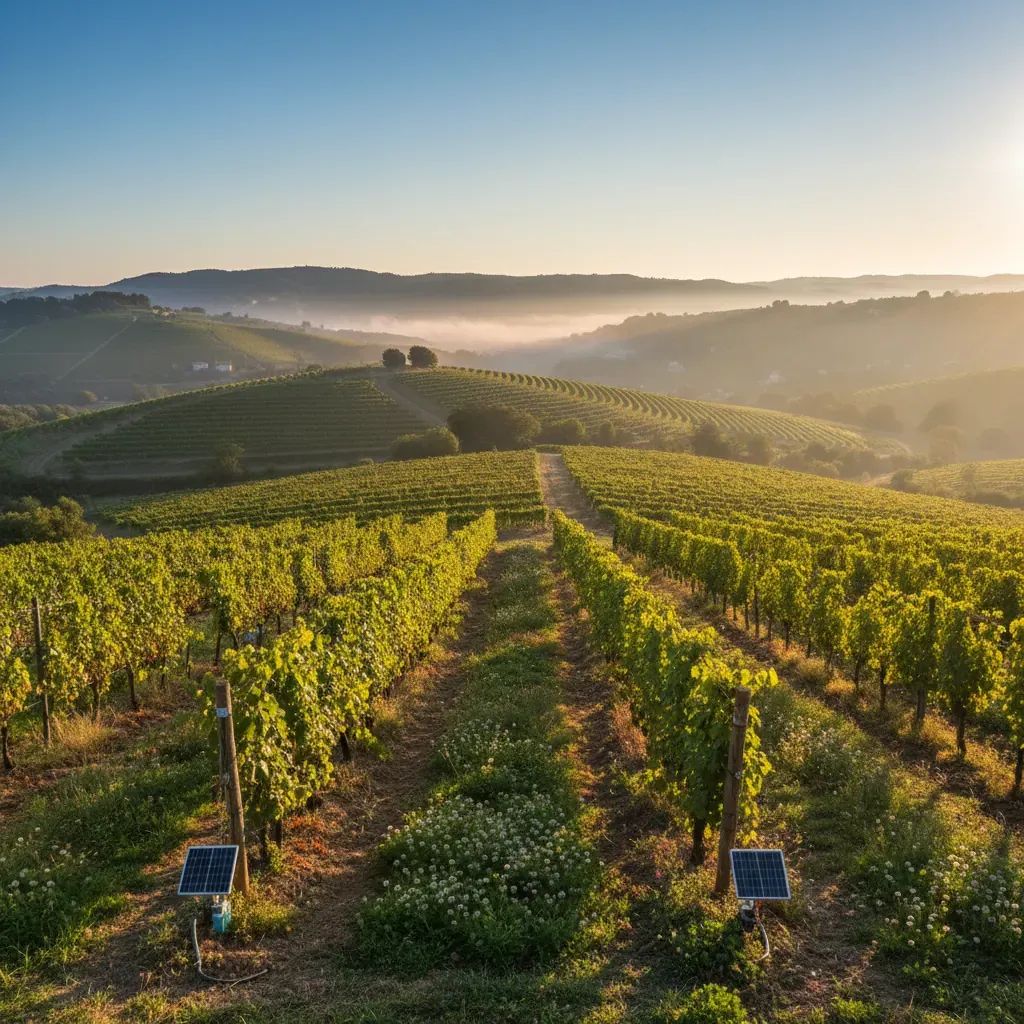 Scenic European vineyard landscape with grapevine rows on hillside during morning light
